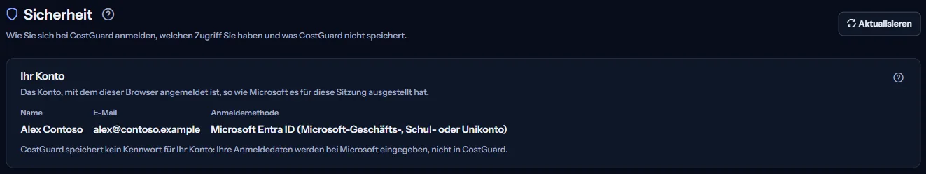 Der obere Teil der Seite „Sicherheit“: die Überschrift und der Bereich „Ihr Konto“ mit Name, E-Mail-Adresse und der Anmeldemethode Microsoft Entra ID.
