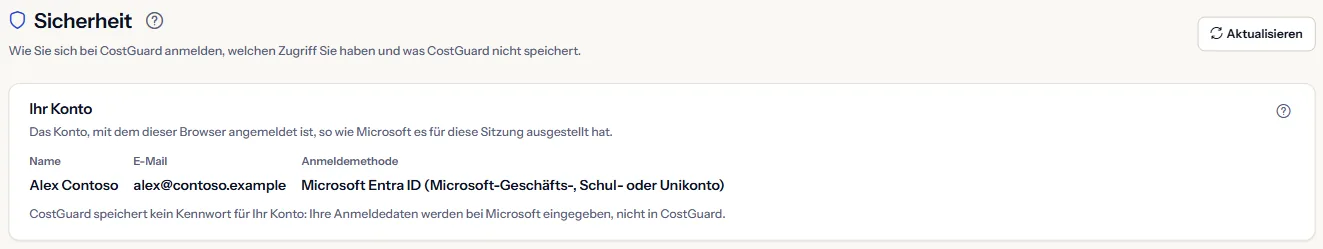 Der obere Teil der Seite „Sicherheit“: die Überschrift und der Bereich „Ihr Konto“ mit Name, E-Mail-Adresse und der Anmeldemethode Microsoft Entra ID.