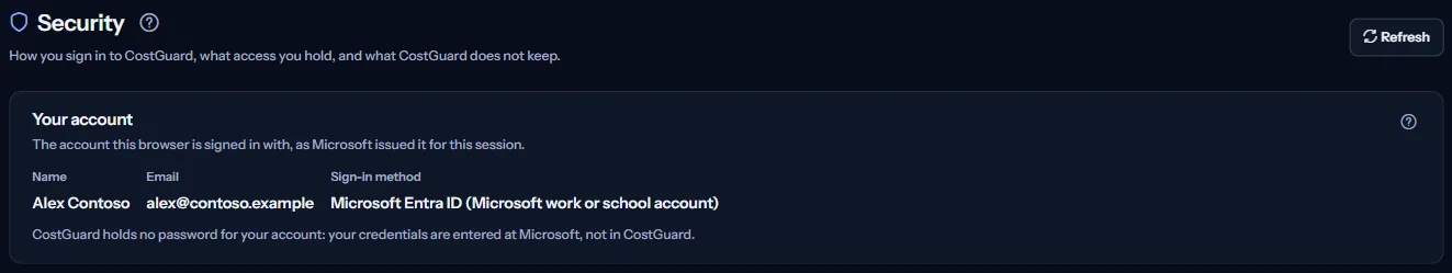 The top of the Security page: the heading and the Your account panel with the name, the email address and the sign-in method Microsoft Entra ID.