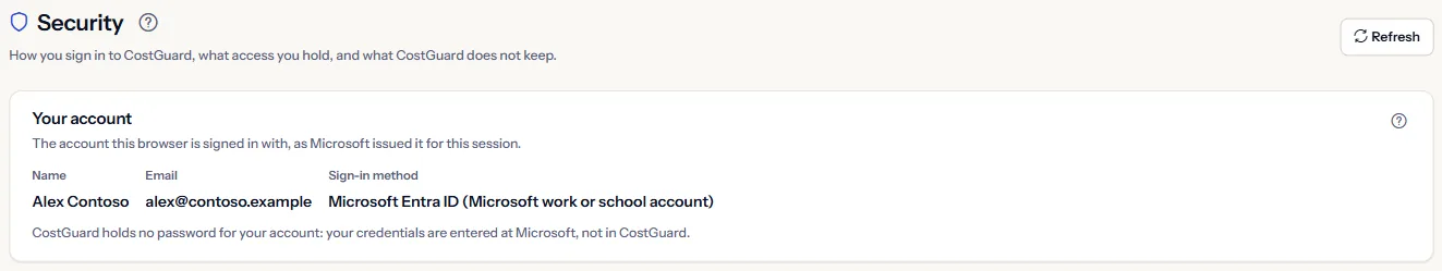 The top of the Security page: the heading and the Your account panel with the name, the email address and the sign-in method Microsoft Entra ID.