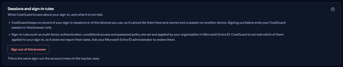 The Sessions and sign-in rules panel: two notes on what CostGuard does not keep and does not see, and the button to sign out of this browser.