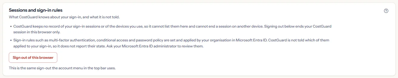 The Sessions and sign-in rules panel: two notes on what CostGuard does not keep and does not see, and the button to sign out of this browser.