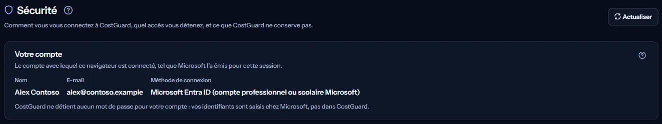Le haut de la page Sécurité : le titre et le panneau Votre compte avec le nom, l'adresse e-mail et la méthode de connexion Microsoft Entra ID.