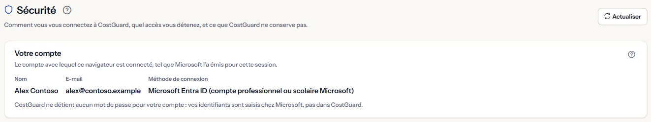 Le haut de la page Sécurité : le titre et le panneau Votre compte avec le nom, l'adresse e-mail et la méthode de connexion Microsoft Entra ID.