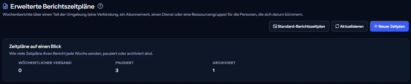 Der obere Teil der Seite Erweiterte Berichtszeitpläne: die Überschrift mit dem Link zum Standardzeitplan, den Schaltflächen zum Aktualisieren und für einen neuen Zeitplan, und die Übersicht der Zeitpläne, gezählt als wöchentlich sendend, pausiert und archiviert.