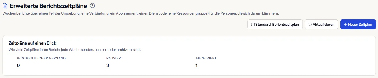 Der obere Teil der Seite Erweiterte Berichtszeitpläne: die Überschrift mit dem Link zum Standardzeitplan, den Schaltflächen zum Aktualisieren und für einen neuen Zeitplan, und die Übersicht der Zeitpläne, gezählt als wöchentlich sendend, pausiert und archiviert.