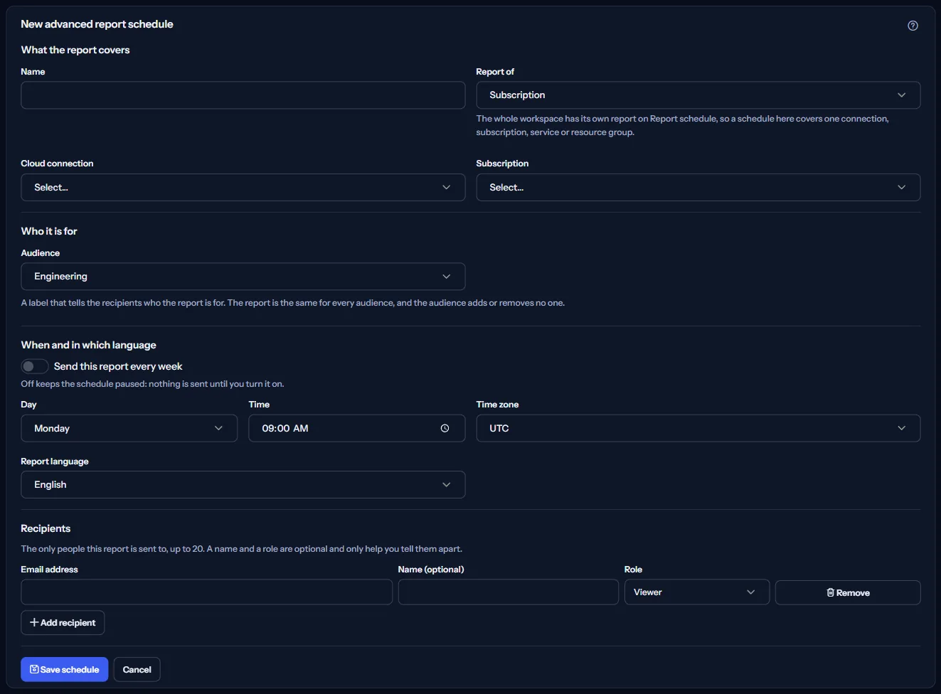 The new advanced report schedule form: what the report covers, who it is for, when and in which language with the switch that keeps it paused, and the recipients.