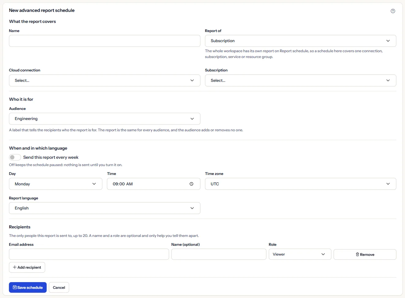 The new advanced report schedule form: what the report covers, who it is for, when and in which language with the switch that keeps it paused, and the recipients.