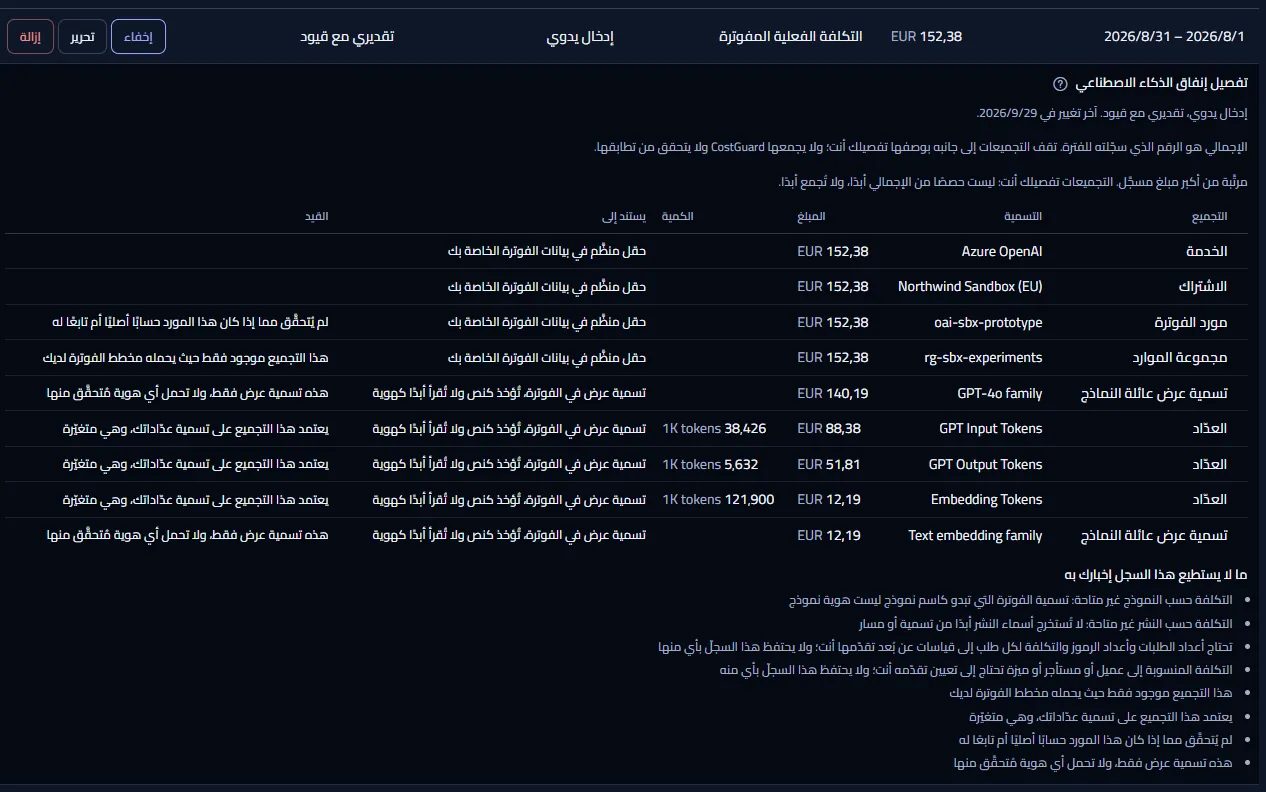 إدخال مفتوح من مساحة العمل النموذجية: تجميعاته من الأكبر نزولًا، ومنها الاشتراك وخدمة Azure OpenAI وتسميتان لعائلتي نماذج وثلاثة عدّادات بكميات مفوترة بوحدة 1K tokens، ولكل منها ما يستند إليه وقيده، ثم قائمة ما لا يستطيع الإدخال إخبارك به.