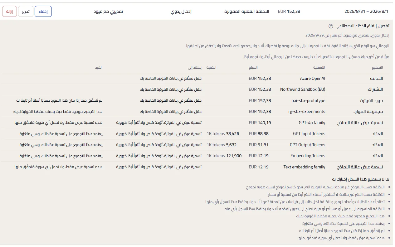 إدخال مفتوح من مساحة العمل النموذجية: تجميعاته من الأكبر نزولًا، ومنها الاشتراك وخدمة Azure OpenAI وتسميتان لعائلتي نماذج وثلاثة عدّادات بكميات مفوترة بوحدة 1K tokens، ولكل منها ما يستند إليه وقيده، ثم قائمة ما لا يستطيع الإدخال إخبارك به.