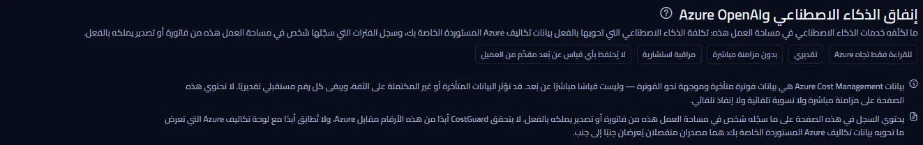 أعلى صفحة إنفاق الذكاء الاصطناعي وAzure OpenAI: العنوان مع رابط المساعدة، ووصف قصير، وخمس تسميات تبيّن ما يظل صحيحًا عن الأرقام، وملاحظتان عن مصدر الأرقام.