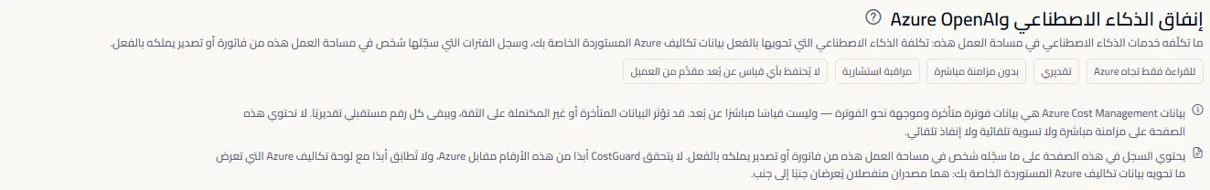 أعلى صفحة إنفاق الذكاء الاصطناعي وAzure OpenAI: العنوان مع رابط المساعدة، ووصف قصير، وخمس تسميات تبيّن ما يظل صحيحًا عن الأرقام، وملاحظتان عن مصدر الأرقام.