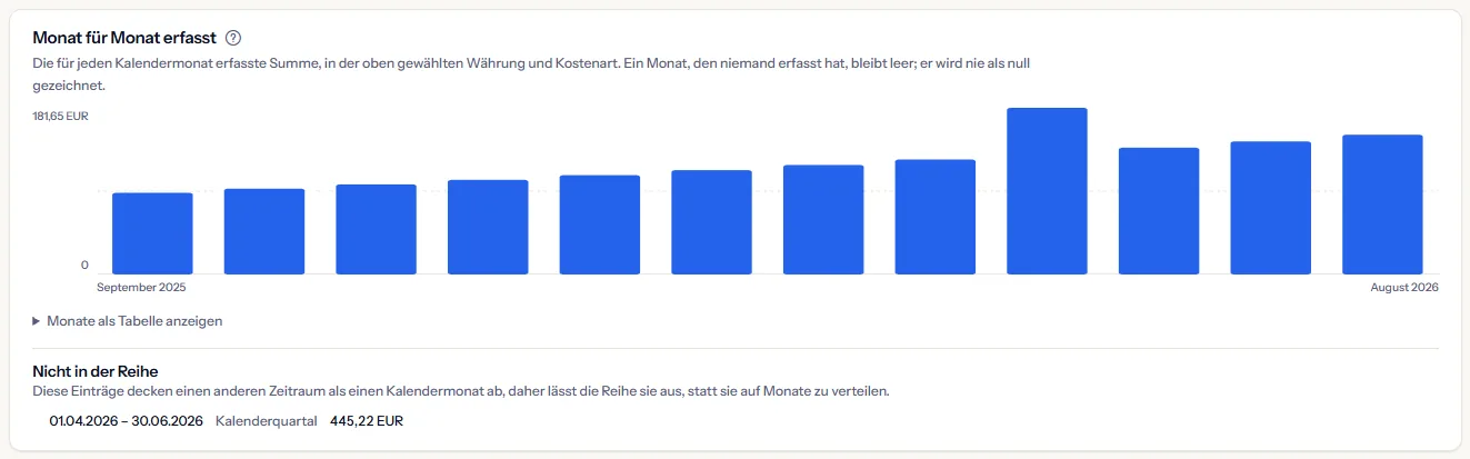Der Bereich Monat für Monat erfasst des Beispiel-Arbeitsbereichs: zwölf Monatsbalken in Euro von September 2025 bis August 2026, stetig steigend mit einem deutlichen Sprung im Mai, und darunter ein Quartalseintrag als nicht in der Reihe.