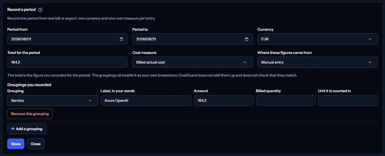 The form that records a period, open with a filled example: the period dates, the currency list, the total, the cost measure and the source, then a grouping for the Azure OpenAI service with its label and amount, and the Store and Close buttons.
