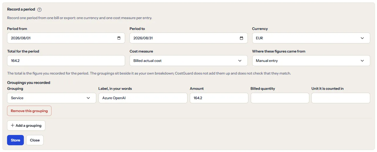 The form that records a period, open with a filled example: the period dates, the currency list, the total, the cost measure and the source, then a grouping for the Azure OpenAI service with its label and amount, and the Store and Close buttons.