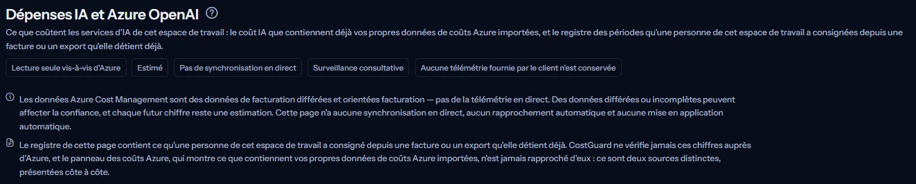 Le haut de la page des dépenses IA et Azure OpenAI : le titre avec son lien d'aide, une courte description, cinq mentions qui disent ce qui reste vrai des chiffres, et deux notes sur l'origine des chiffres.