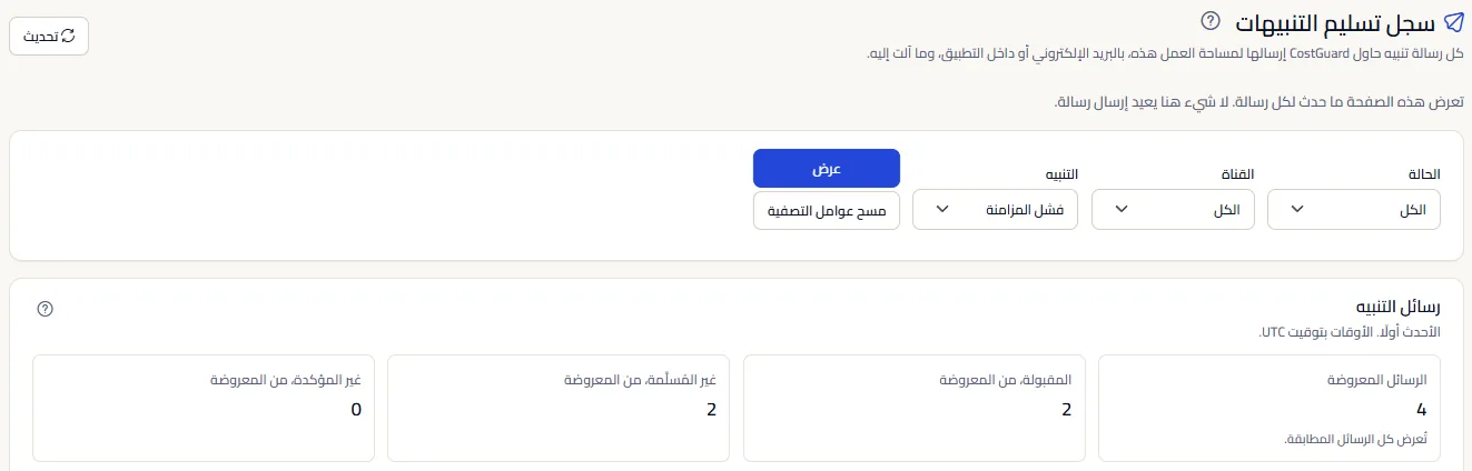 أعلى صفحة سجل تسليم التنبيهات: العنوان مع زر التحديث، والملاحظة بأن لا شيء هنا يعيد إرسال رسالة، ومرشحات الحالة والقناة والتنبيه، وأعداد الرسائل المعروضة.