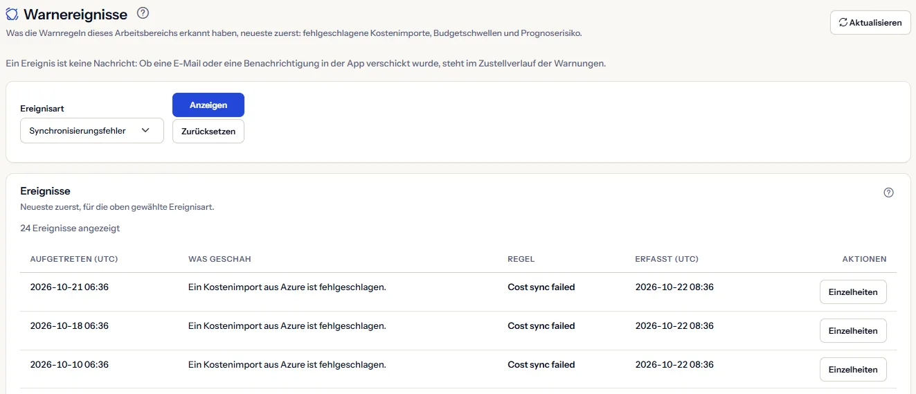 Der obere Teil der Seite Warnungsereignisse: die Überschrift mit Aktualisieren, der Hinweis, dass ein Ereignis keine Nachricht ist, die gewählte Ereignisart und der Anfang der Liste der Synchronisierungsfehler-Ereignisse.