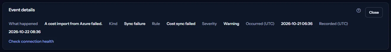 The Event details panel of a sync failure event: what happened, the kind, the rule, the severity Warning, both times in UTC and a link to check connection health.