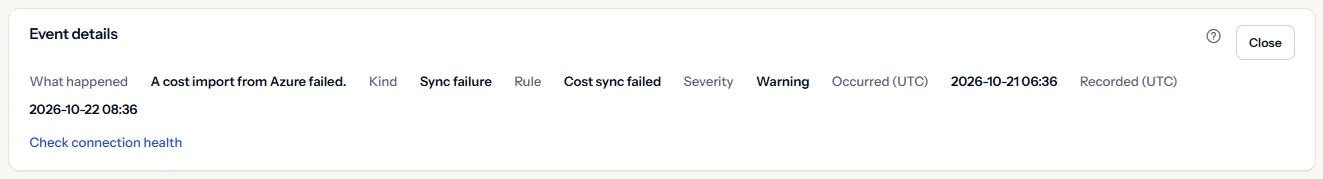 The Event details panel of a sync failure event: what happened, the kind, the rule, the severity Warning, both times in UTC and a link to check connection health.