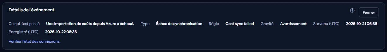 Le panneau Détails de l'événement d'un échec de synchronisation : ce qui s'est passé, le type, la règle, la gravité Avertissement, les deux heures en UTC et un lien pour vérifier la santé des connexions.