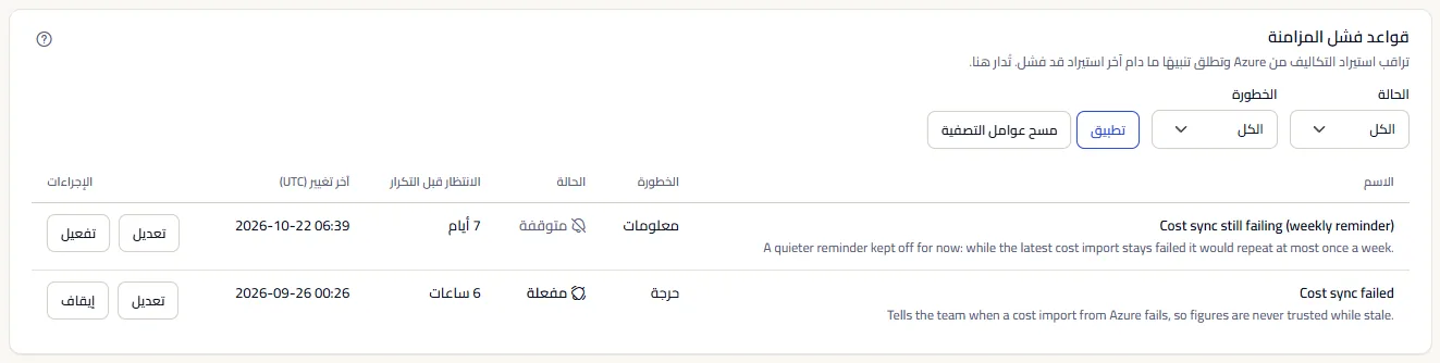 لوحة قواعد فشل المزامنة مع عاملي تصفية الحالة والخطورة وقاعدتين: واحدة مفعّلة بخطورة حرجة وانتظار ست ساعات، وأخرى متوقفة بخطورة معلومات وانتظار سبعة أيام.
