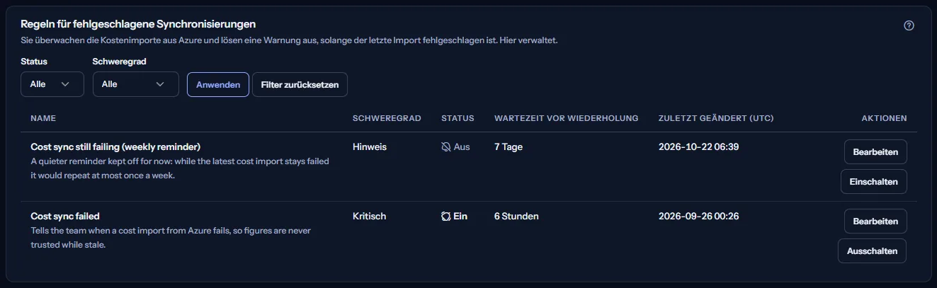 Der Bereich Synchronisierungsfehler-Regeln mit Status- und Schweregradfiltern und zwei Regeln: eine aktiv mit dem Schweregrad Kritisch und sechs Stunden Wartezeit, eine aus mit dem Schweregrad Hinweis und sieben Tagen Wartezeit.