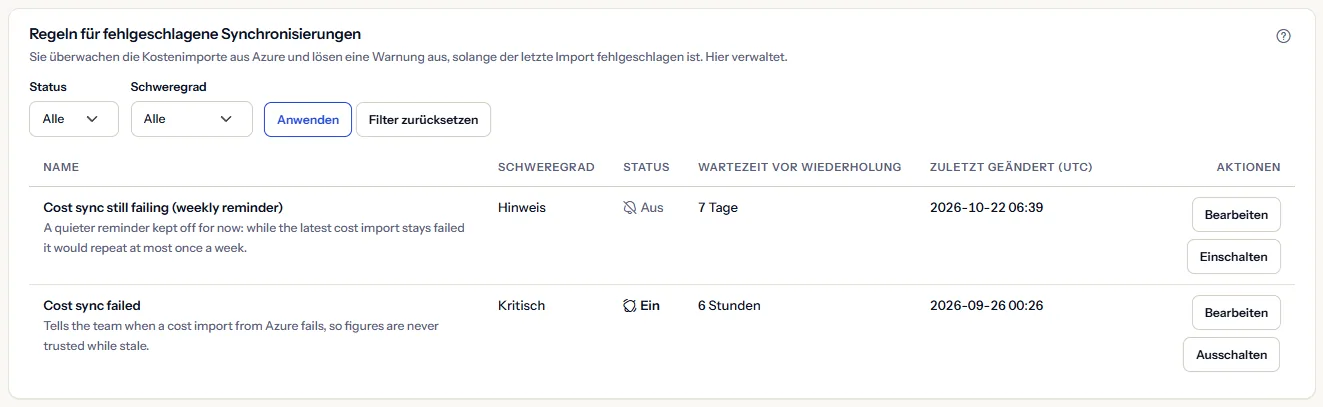 Der Bereich Synchronisierungsfehler-Regeln mit Status- und Schweregradfiltern und zwei Regeln: eine aktiv mit dem Schweregrad Kritisch und sechs Stunden Wartezeit, eine aus mit dem Schweregrad Hinweis und sieben Tagen Wartezeit.