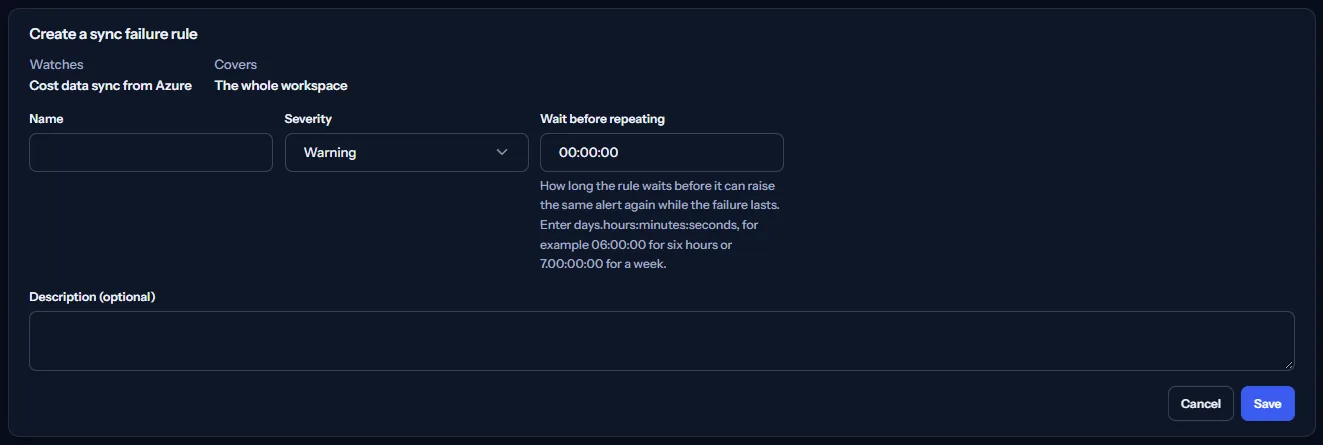The form to create a sync failure rule: what it watches and what it covers shown fixed, then the name, description, severity and wait before repeating, with Save and Cancel.