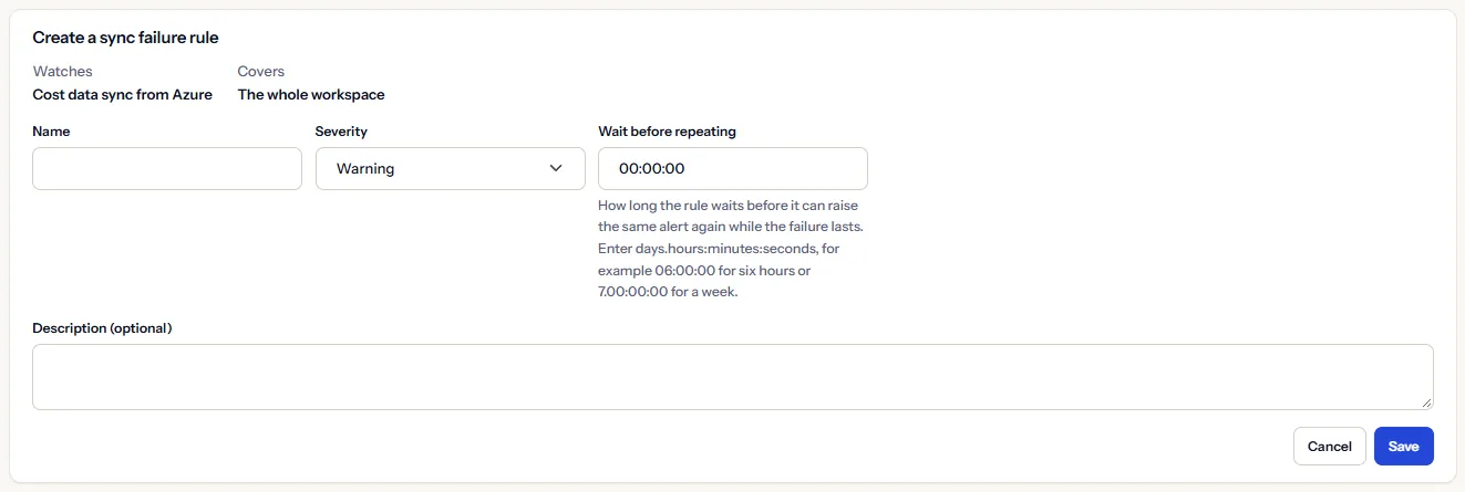 The form to create a sync failure rule: what it watches and what it covers shown fixed, then the name, description, severity and wait before repeating, with Save and Cancel.