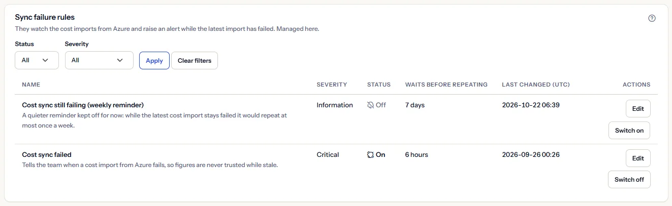 The Sync failure rules panel with its status and severity filters and two rules: one on with the severity Critical and a six-hour wait, one off with the severity Information and a seven-day wait.