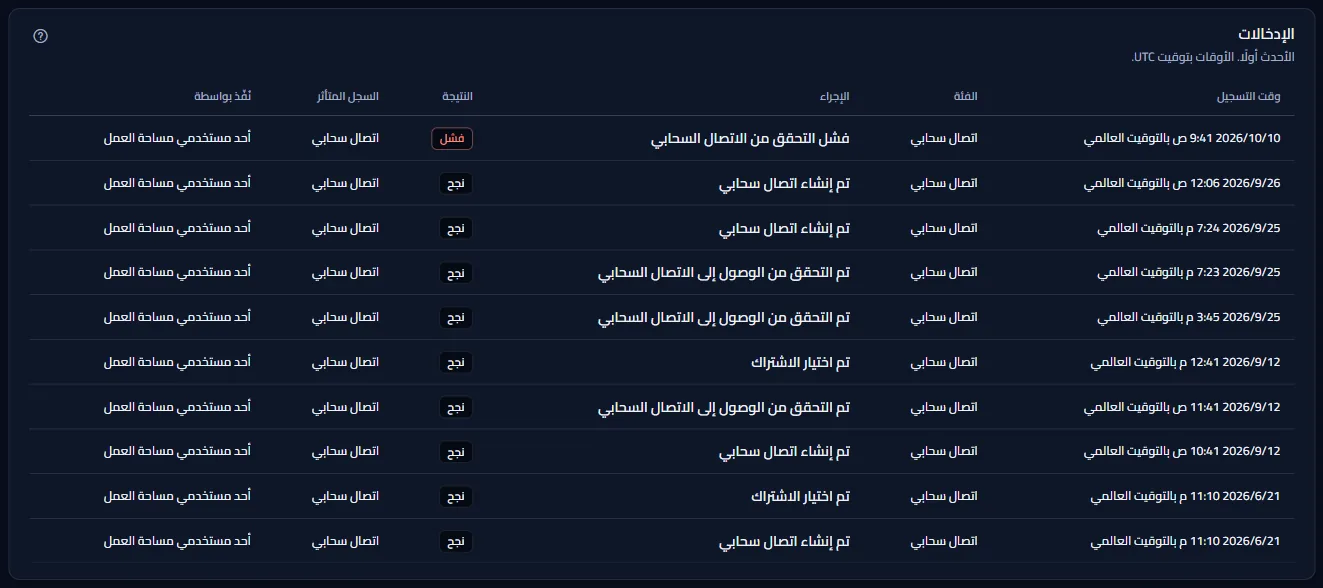 الإدخالات بعد تصفيتها على فئة الربط السحابي، الأحدث أولًا: عمليات ربط أُنشئت، ووصول تم التحقق منه، وتحقق فاشل، واشتراكات اختيرت، ولكل منها وقته بتوقيت UTC ونتيجته ونوع الفاعل.