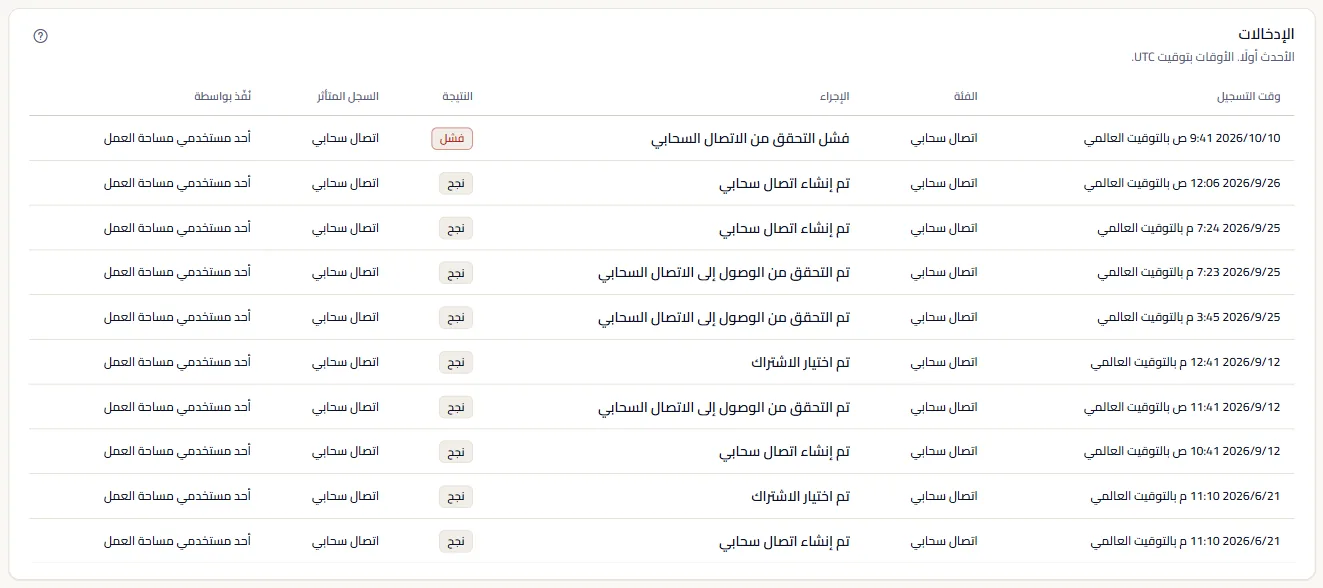 الإدخالات بعد تصفيتها على فئة الربط السحابي، الأحدث أولًا: عمليات ربط أُنشئت، ووصول تم التحقق منه، وتحقق فاشل، واشتراكات اختيرت، ولكل منها وقته بتوقيت UTC ونتيجته ونوع الفاعل.