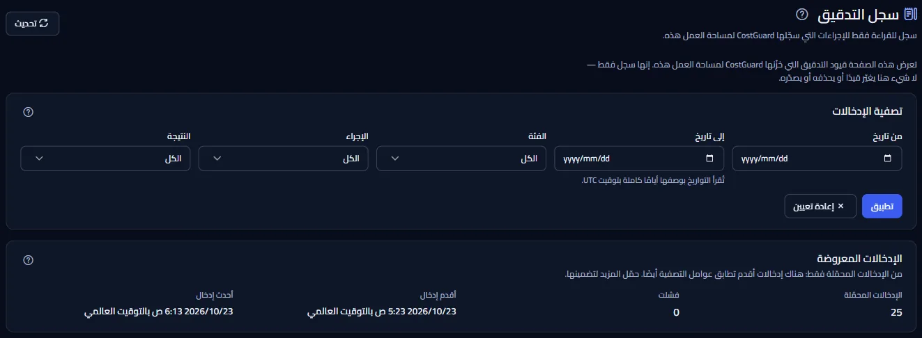 أعلى صفحة سجل التدقيق: العنوان، ومرشحات التاريخ والفئة والإجراء والنتيجة، وملخص الإدخالات المحمّلة.