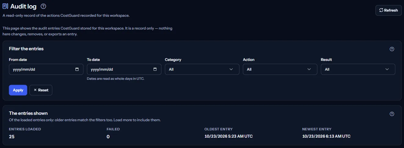 The top of the Audit log page: the heading, the filters for dates, category, action and result, and the summary of the loaded entries.