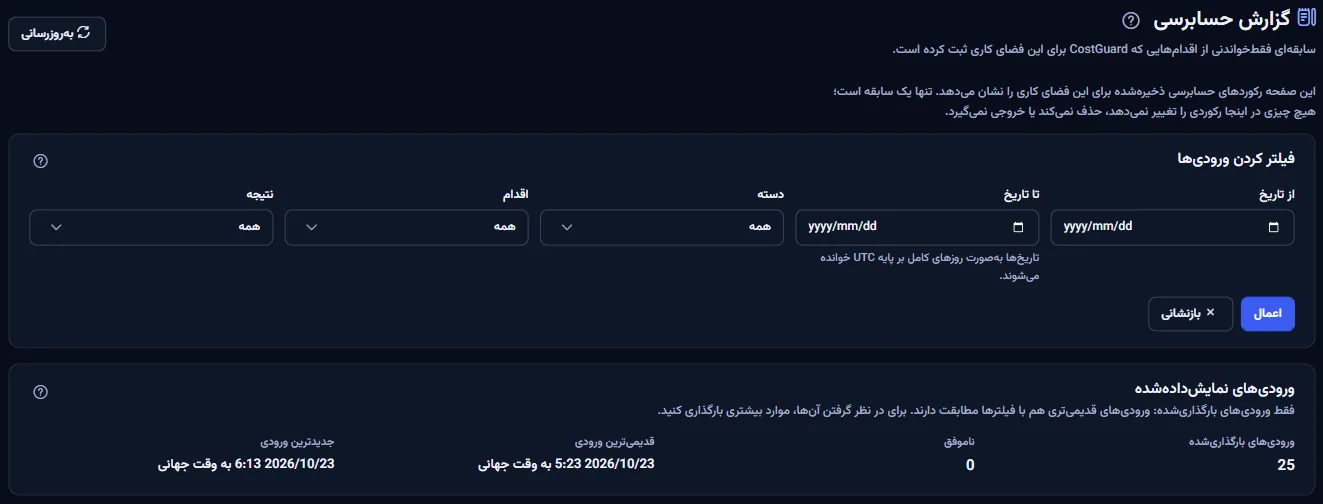 بالای صفحه گزارش حسابرسی: عنوان، فیلترهای تاریخ، دسته، کنش و نتیجه، و خلاصه ورودی‌های بارگذاری‌شده.