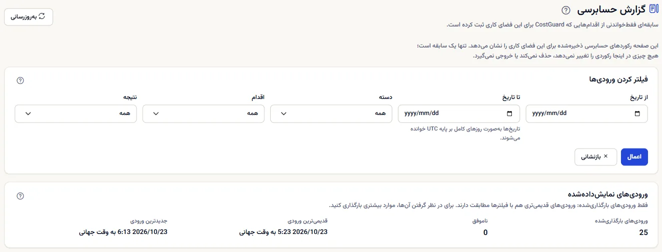 بالای صفحه گزارش حسابرسی: عنوان، فیلترهای تاریخ، دسته، کنش و نتیجه، و خلاصه ورودی‌های بارگذاری‌شده.