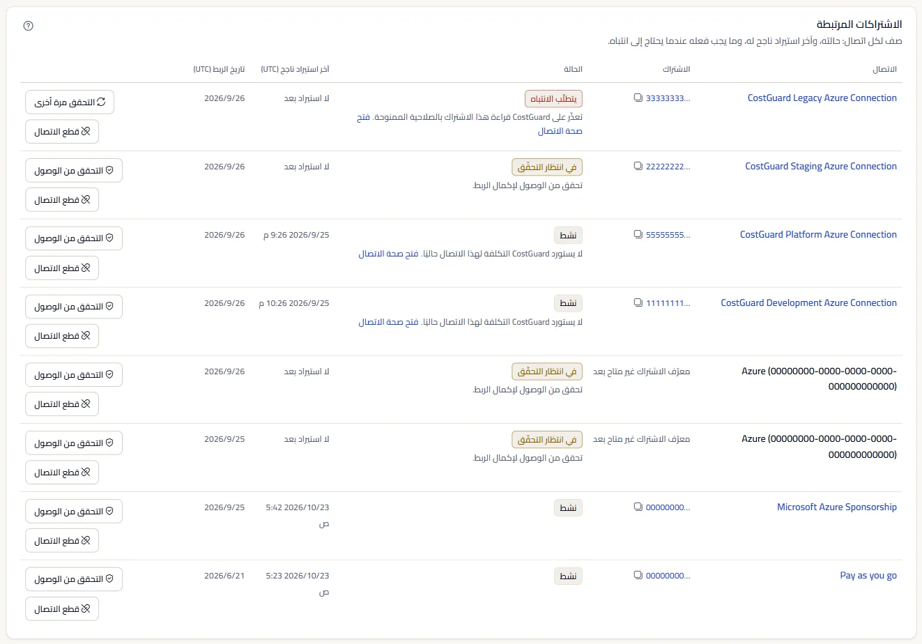 جدول «الاشتراكات المرتبطة» بصف لكل اتصال: اسم الاتصال، ومعرّف الاشتراك المختصر مع زر النسخ، والحالة، وآخر استيراد ناجح، وتاريخ الربط، والإجراءات.