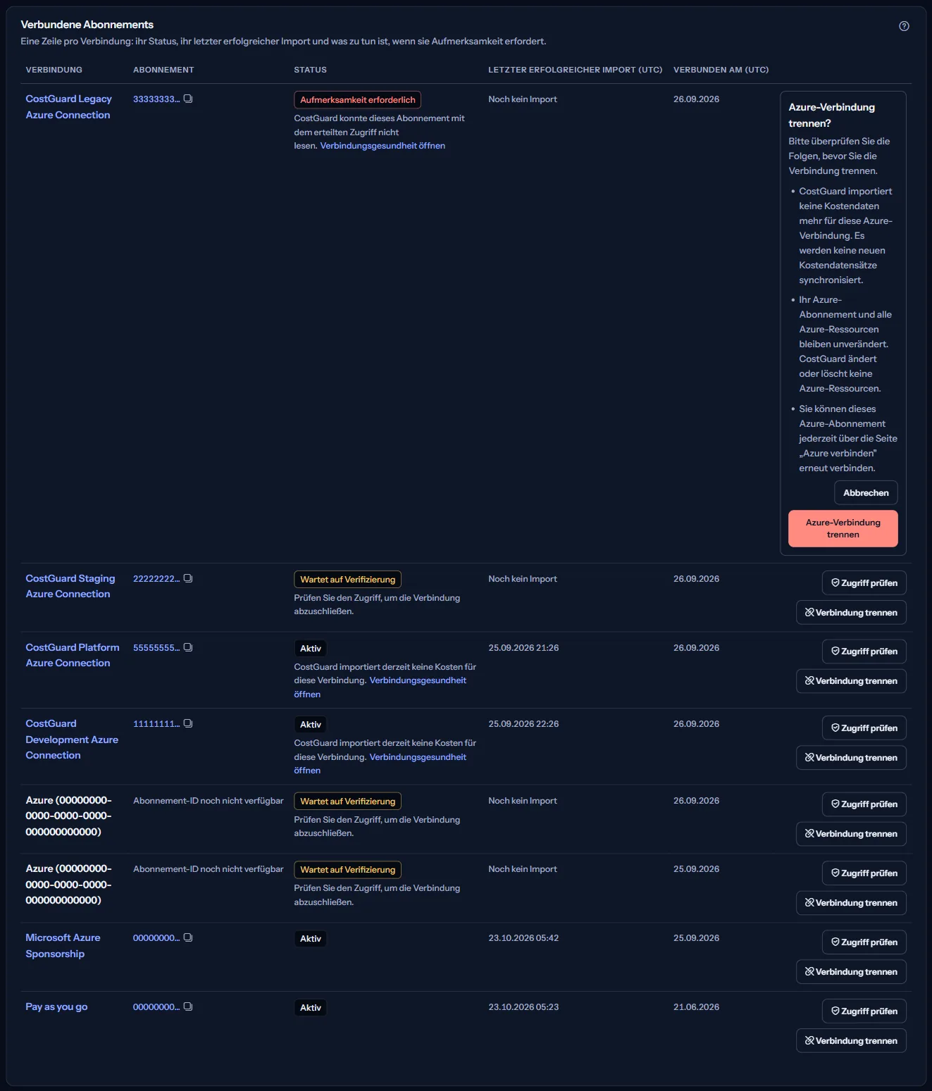 Eine Zeile der Tabelle „Verbundene Abonnements“ mit geöffneter Trennfrage, die aufführt, was das Trennen beendet und behält, mit „Azure-Verbindung trennen“ und „Abbrechen“.