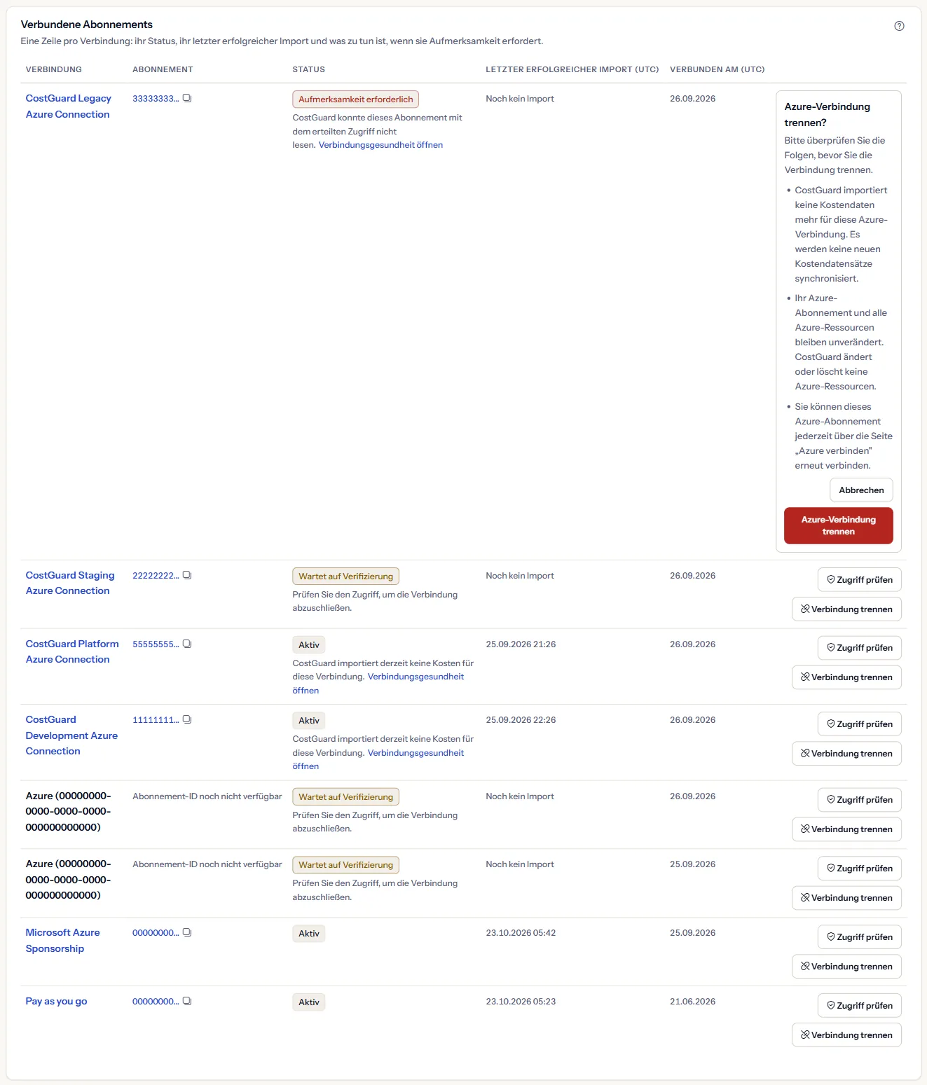 Eine Zeile der Tabelle „Verbundene Abonnements“ mit geöffneter Trennfrage, die aufführt, was das Trennen beendet und behält, mit „Azure-Verbindung trennen“ und „Abbrechen“.