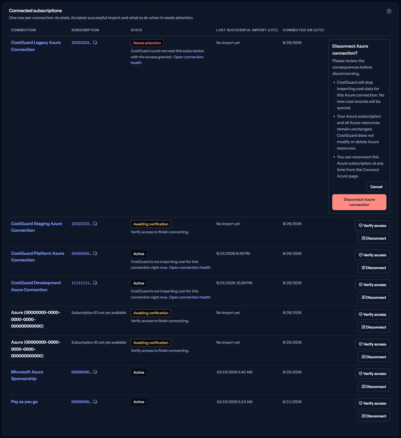 A row of the “Connected subscriptions” table with the disconnect question open, listing what disconnecting stops and keeps, with “Disconnect Azure connection” and “Cancel”.