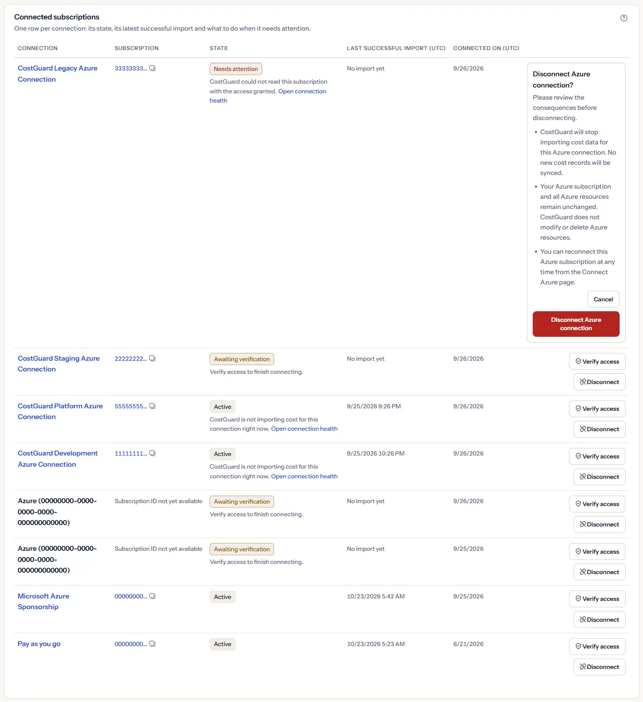 A row of the “Connected subscriptions” table with the disconnect question open, listing what disconnecting stops and keeps, with “Disconnect Azure connection” and “Cancel”.