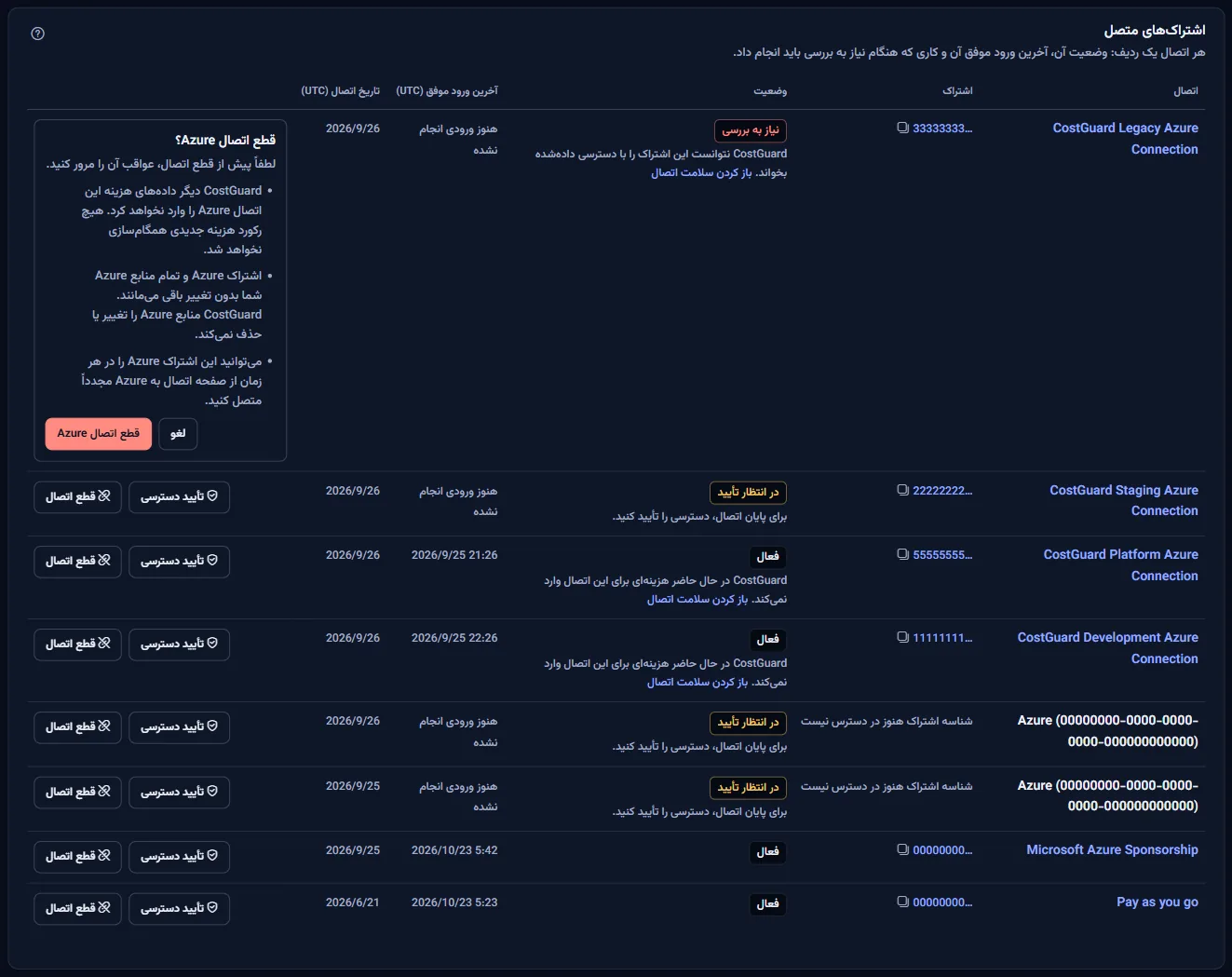 ردیفی از جدول «اشتراک‌های متصل» با پرسش قطع اتصال باز، که می‌گوید قطع اتصال چه چیزی را متوقف و چه چیزی را حفظ می‌کند، همراه با «قطع اتصال Azure» و «لغو».