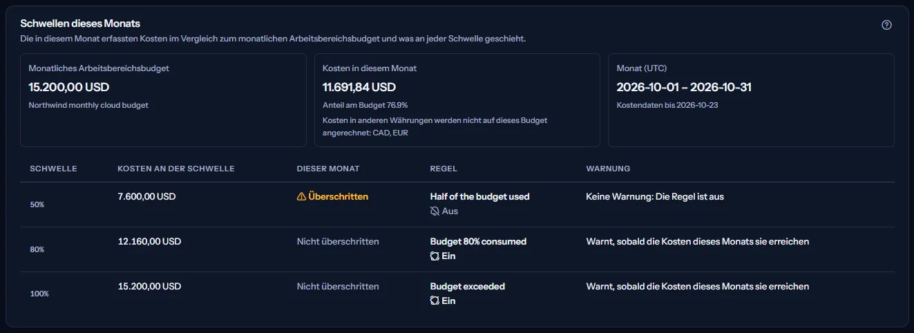 Die Schwellen dieses Monats im Beispielarbeitsbereich: das Monatsbudget, die Kosten dieses Monats und ihr Anteil sowie die Zeilen 50 %, 80 % und 100 % mit den Kosten an jeder Schwelle, ob sie überschritten ist, ihrer Regel und ihrer Warnung.