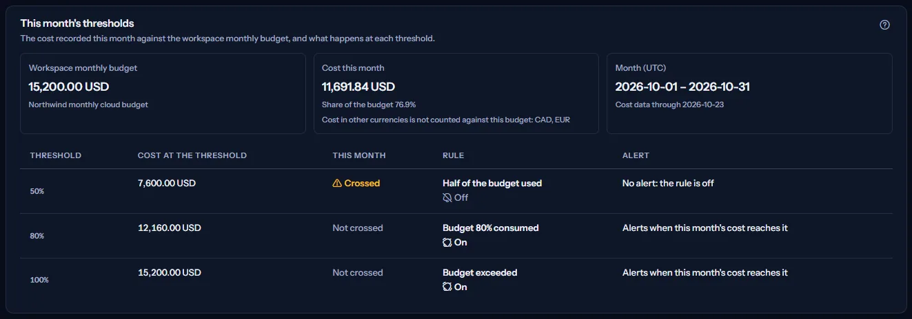 This month's thresholds of the seeded workspace: the monthly budget, the cost this month and its share, and the 50%, 80% and 100% rows with the cost at each threshold, whether it is crossed, its rule and its alert.