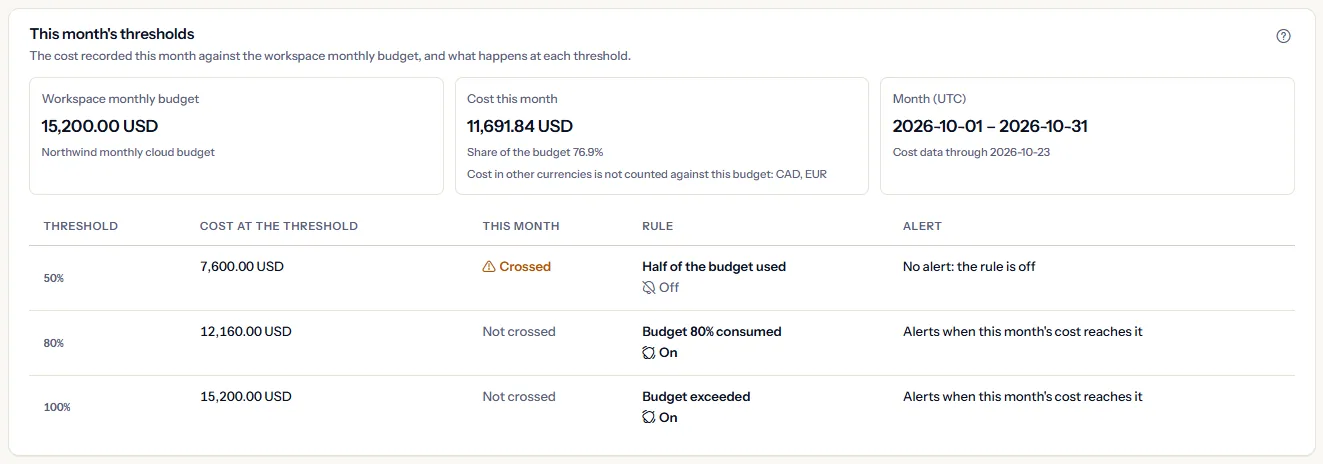 This month's thresholds of the seeded workspace: the monthly budget, the cost this month and its share, and the 50%, 80% and 100% rows with the cost at each threshold, whether it is crossed, its rule and its alert.