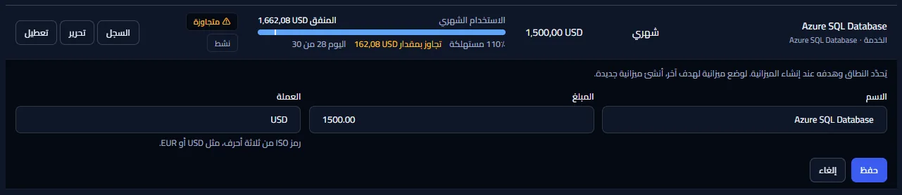 صف ميزانية مفتوح للتحرير: الملاحظة التي تذكر أن النطاق وهدفه ثابتان، وحقول الاسم والمبلغ والعملة، وزرّا الحفظ والإلغاء.