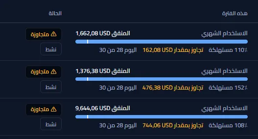 ثلاثة صفوف من عمود هذه الفترة: الإنفاق، وشريط الحصة المستهلكة مع علامة عند الحصة المنقضية من الفترة، والحصة المستهلكة، ومقدار تجاوز كل ميزانية، ويوم الفترة، بجوار درجة كل ميزانية.