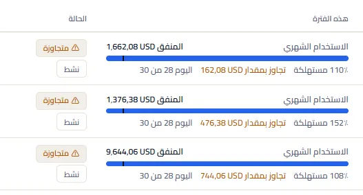 ثلاثة صفوف من عمود هذه الفترة: الإنفاق، وشريط الحصة المستهلكة مع علامة عند الحصة المنقضية من الفترة، والحصة المستهلكة، ومقدار تجاوز كل ميزانية، ويوم الفترة، بجوار درجة كل ميزانية.