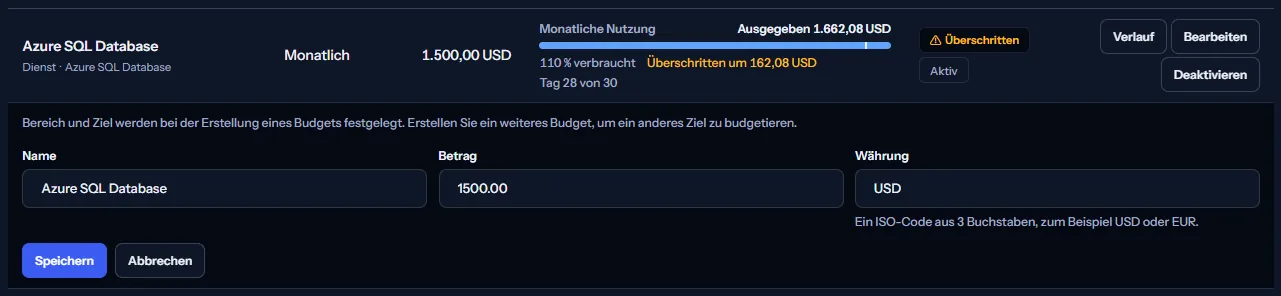 Eine Budgetzeile in Bearbeitung: der Hinweis, dass Bereich und Ziel feststehen, die Felder für Name, Betrag und Währung sowie die Schaltflächen zum Speichern und Abbrechen.